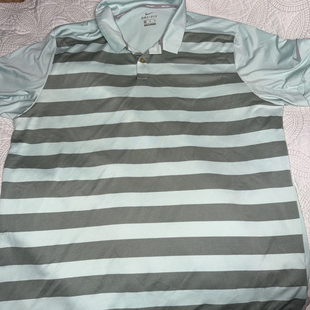 Men's Nike‎ Golf Dri-Fit Light Green Gray Short Sleeve Striped Polo Size XL